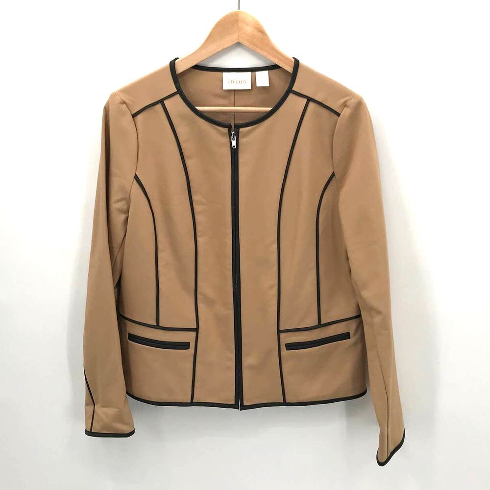 CHICOS Tan Blazer with Black Faux Leather Trim // S